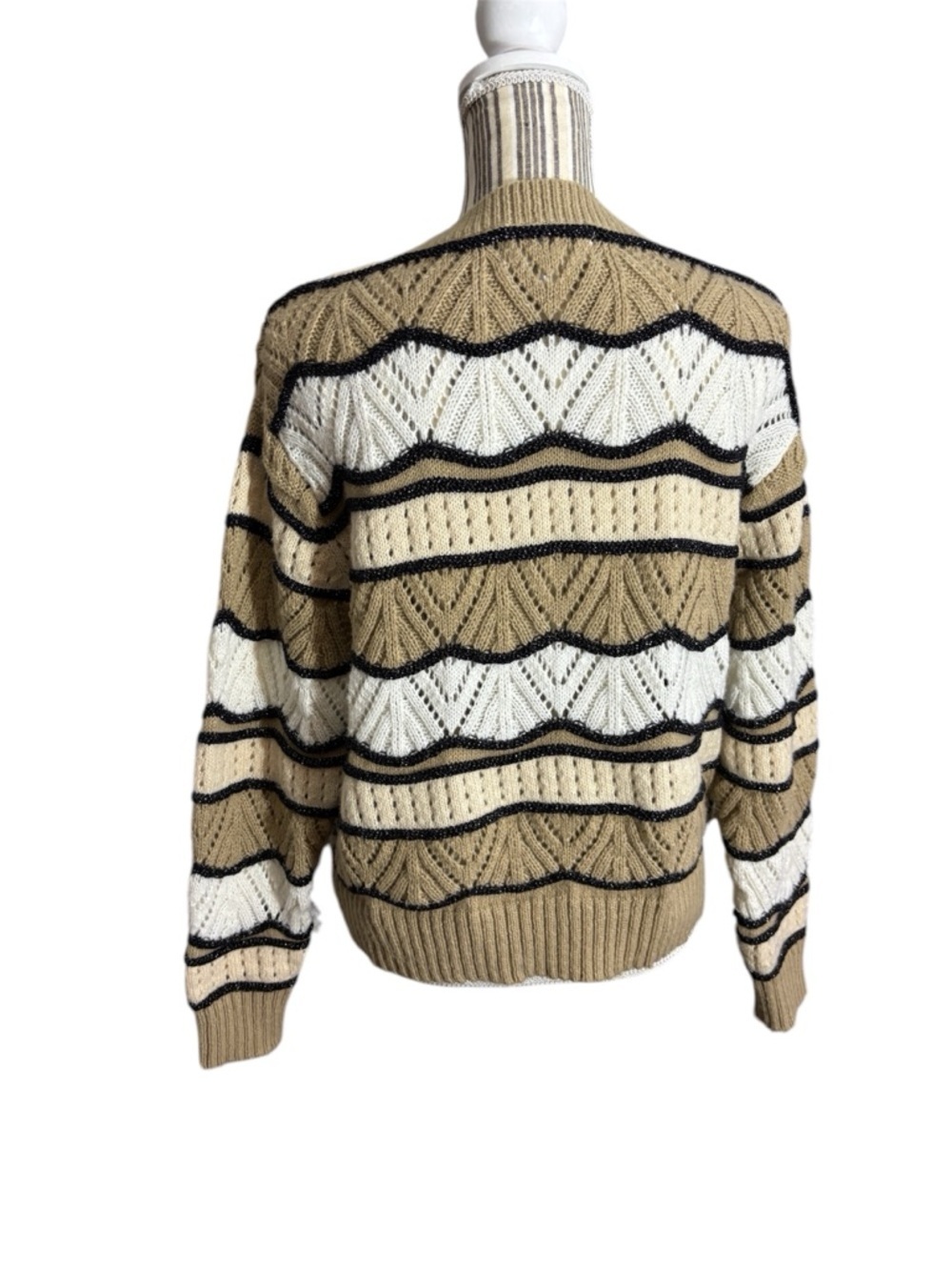 Dear John Boho Knit Sweater Large Neutral Cream Tan Black Metallic Stripe V Neck - Picture 3 of 6